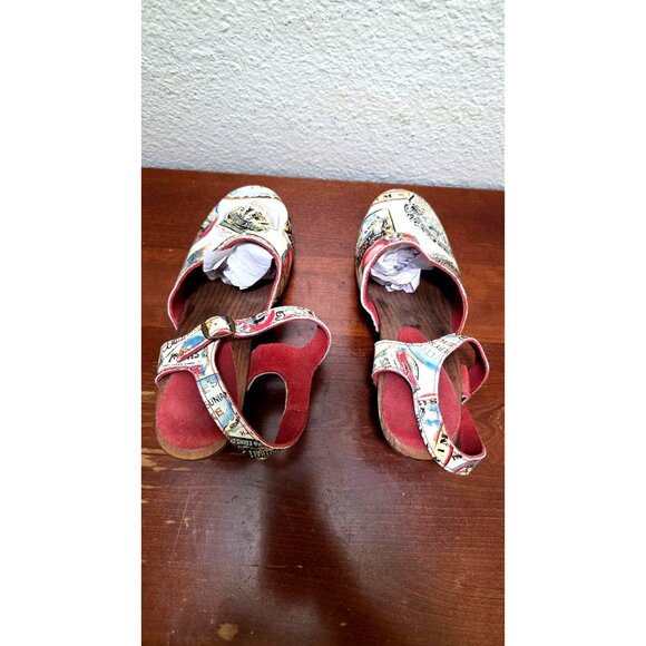 Sanita Women's 39 Mary Jean Inspired Wooden Platform Sandals Printed Straps & Re - Picture 4 of 9